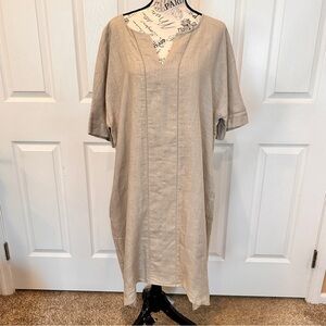 New DKNY 100% Linen Tee Kaftan Shirt Dress Lined Pockets Beige Tan Sz Large
